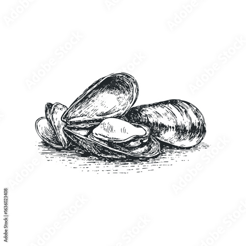 Black and white sketch of fresh open and closed mussels on a white background. Hand drawn vector illustration.