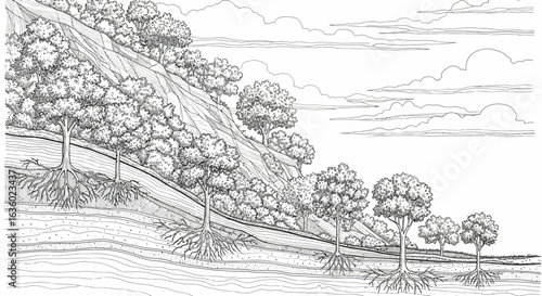 An intricate black and white illustration depicts a hillside cross-section, revealing the extensive root systems of trees anchoring the soil and preventing erosion.