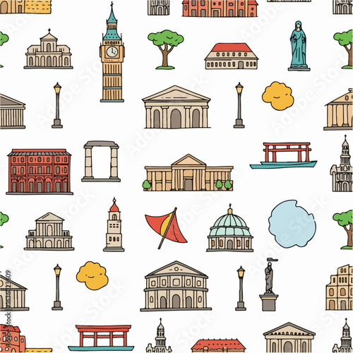Cartoon World Landmarks and Monuments Seamless Pattern Design