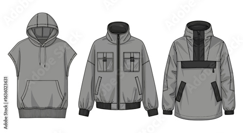 A trio of contemporary grey outerwear garments, including a hooded vest, a modern bomber jacket, and a practical anorak, illustrated as detailed fashion flat sketches.