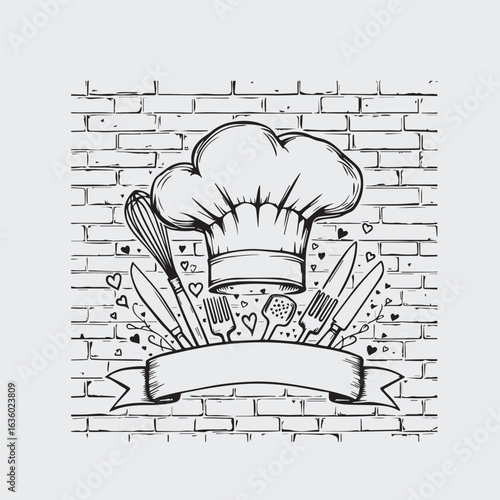 Chef hat and kitchen utensils vector illustration with brick wall background and blank ribbon banner for culinary design themes