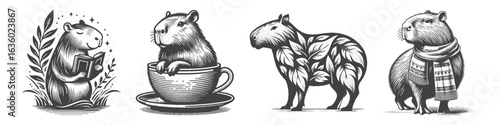 Vintage Hand-Drawn Capybara Wearing Scarf Illustration, Animal Engraved Vector for Winter and T-Shirt Design