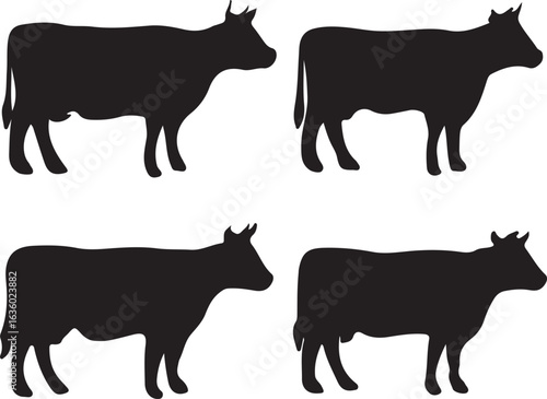 Four black silhouettes of cows standing side by side