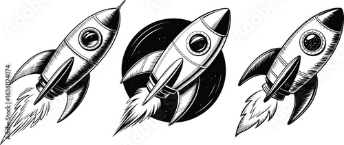 Vintage Rocket Ship Vector Set, Space Exploration Illustrations.


