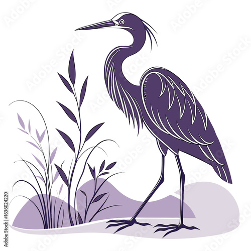 Elegant purple heron standing in tall grass with abstract background