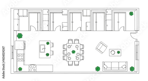 Precise architectural floor plan of a modern apartment, showcasing distinct rooms, furniture outlines, and green plant accents, ideal for contemporary design.