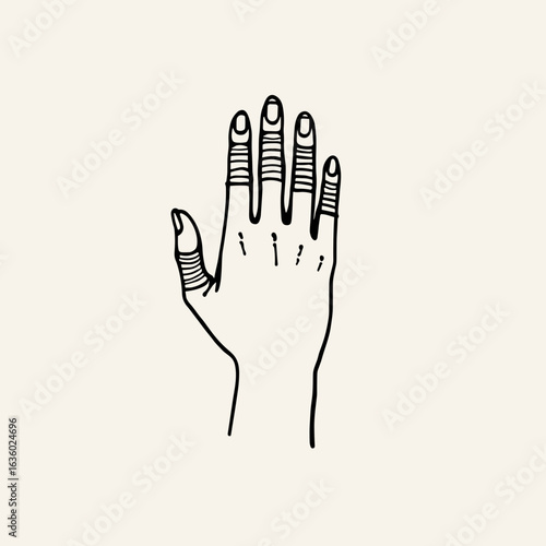 Minimal line art hand with taped fingers in black contour style  