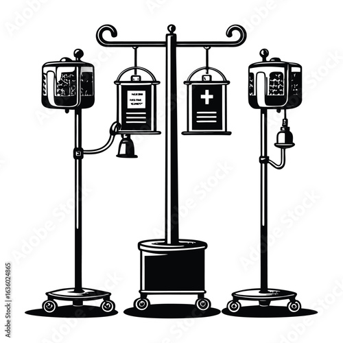 Monochromatic Medical Marvels A Collection of IV Drip Stands in Stark Black and White Simplicity Depicting Hospital Equipment