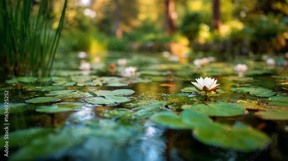 Fototapeta premium Tranquil pond scene with water lilies, lily pads, and lush greenery