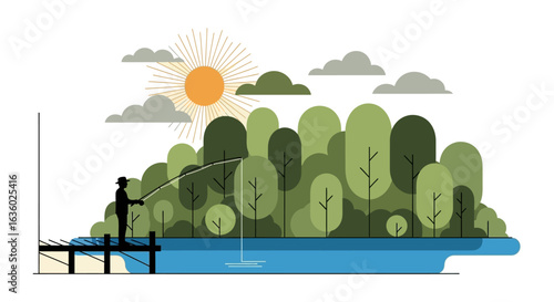 A lone angler enjoys a peaceful day of fishing from a wooden dock on a serene lake, surrounded by a lush green forest under a bright sun.