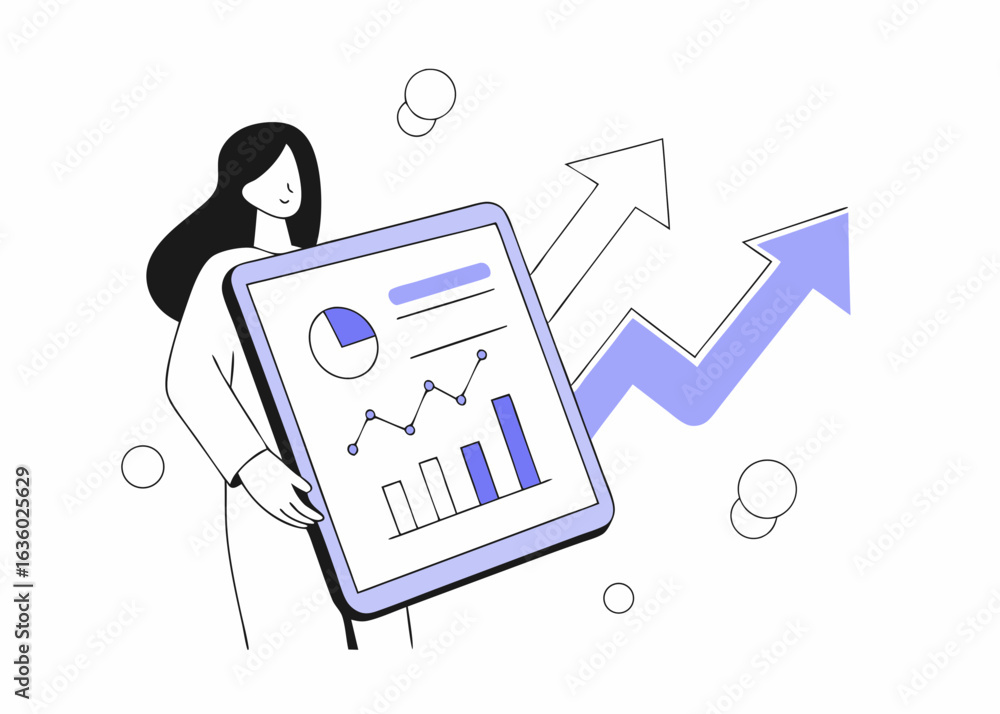 Fototapeta premium Woman holding a tablet displaying charts and data, with large arrows indicating speed, growth, and direction. Ideal for analytics, strategy, progress, goals, growth business planning simple flat