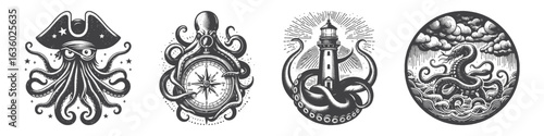 Vintage Hand-Drawn Kraken with Lighthouse Illustration, Mythical Creature Engraved Vector for Nautical and T-Shirt Design