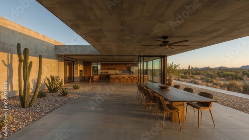 Modern luxury home exterior showcasing open plan living dining and kitchen areas with cactus garden and desert landscape