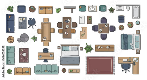 A versatile top-down collection of modern household furniture and decor elements, ideal for architectural plans, interior design, and home layouts.