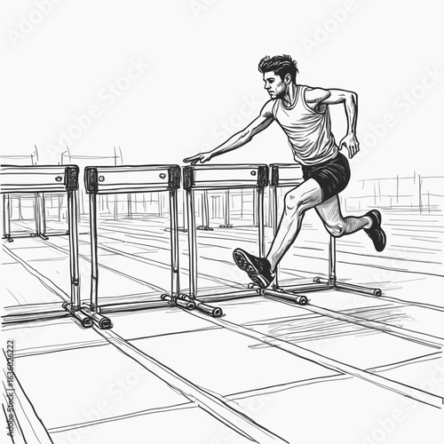 Athlete running and jumping over hurdles on a track field  