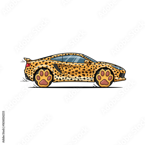 "Speedy cheetah car with spots and paw-shaped wheels – funny vector on white background"
