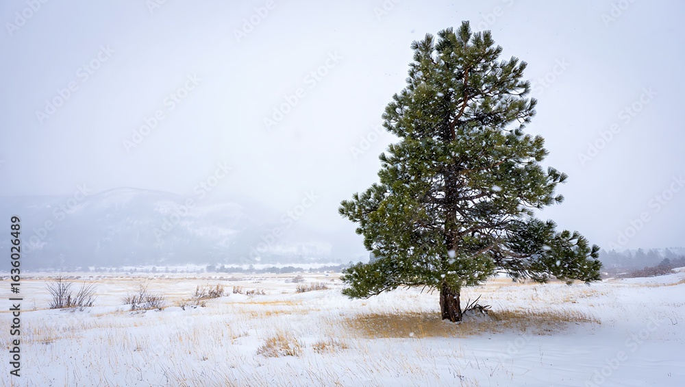 custom made wallpaper toronto digitalSnowy Winter Landscape with Evergreen Tree and Distant Mountains serene winter scene perfect for holiday or seasonal use
