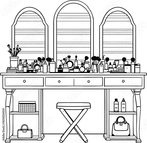 Vanity Ritual  Illustration of Makeup Table with Triple Mirrors, Cosmetics  Cushioned Stool for Beauty, Self-Care  Lifestyle Themes
