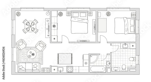 An intricate top-down architectural blueprint showcasing a modern two-bedroom apartment floor plan, detailing rooms and furniture for residential design.