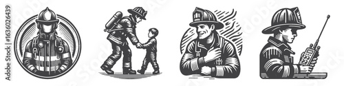 Vintage Hand-Drawn Firefighter Helping Child Illustration, Heroic Rescue Engraved Vector for Safety and T-Shirt Design