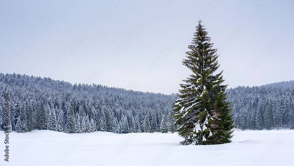 Fototapeta premium Snowy Winter Landscape with Evergreen Tree and Forest Covering Hills on Overcast Day Creating a Peaceful Scene for Holiday Images