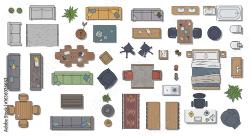 A comprehensive top-down collection of modern interior design furniture elements for architectural floor plans and home decor layouts.