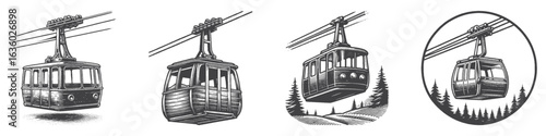 Vintage Hand-Drawn Cable Car Illustration, Mountain Transport Engraved Vector for Travel and T-Shirt Design