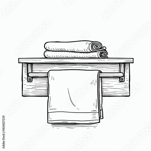 Folded towels on a wooden shelf in simple line art style  