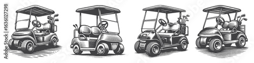Vintage Hand-Drawn Golf Cart Illustration, Leisure Vehicle Engraved Vector for Sports and T-Shirt Design