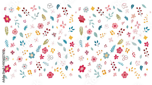 Assorted floral arrangement with pink and red flowers and green leaves on a white background design pattern