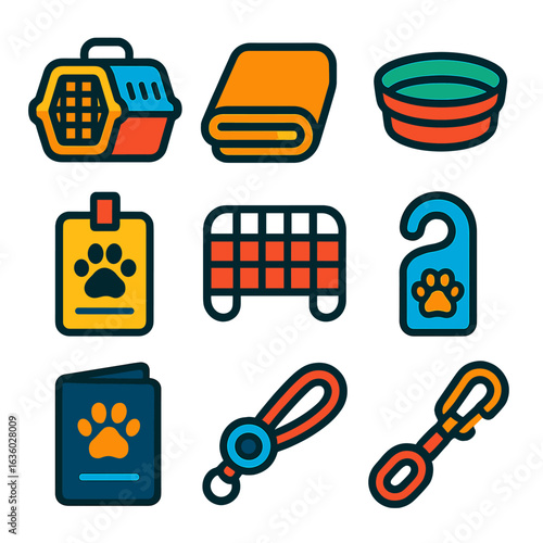 Pet Travel Essentials. Flat vector icons of pet holiday and travel items: airplane pet carrier, travel blanket, portable litter