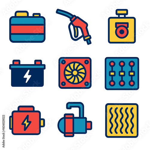 Modern Aircraft Icons. Flat vector icons of aircraft fuel and power systems: fuel tank unit, refueling nozzle, fuel pump, internal