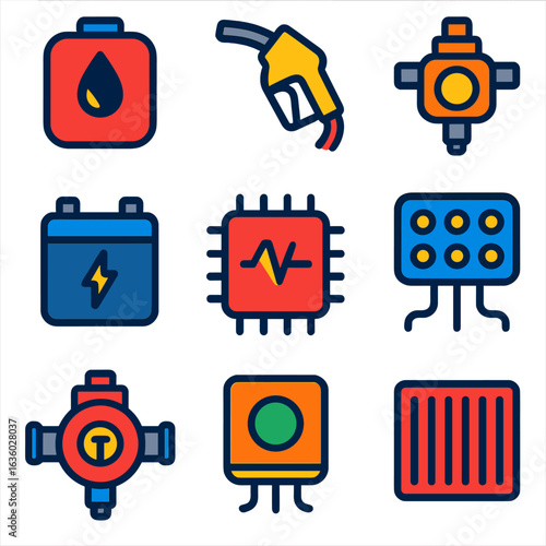 Modern Aircraft Icons. Flat vector icons of aircraft fuel and power systems: fuel tank unit, refueling nozzle, fuel pump, internal