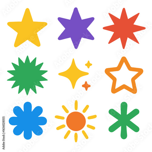 Vibrant Flat Star Icons. Flat vector icons of star and burst figures: five-point star, six-point star, sharp-edged starburst,
