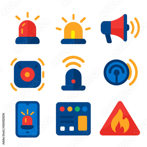 Vibrant Alert Icons. Flat vector icons of alarm and alert systems: siren icon, flashing light, emergency horn, beeping alarm