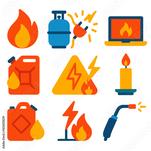 Fire Hazard Icons. Flat vector icons of fire hazards and risks: open flame icon, gas leak, short circuit spark, overheating device
