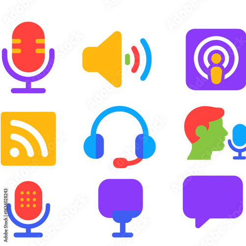 Podcast Icon Set. Flat vector icons of podcasts and voice media: podcast mic, speaker with waves, waveform symbol, podcast episode