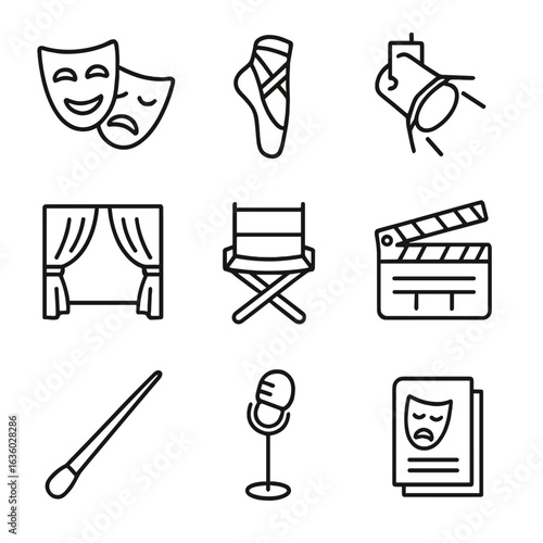 Performing Arts Icons. Line style icons of performing arts: theater mask, ballet slipper, spotlight, stage curtain, actor's chair,