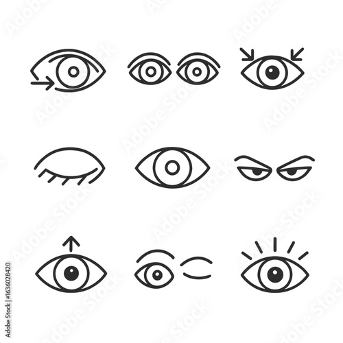 Eye Gesture Icons. Line style icons of eye gestures and cues: side glance arrow, eye contact icon, darting eyes, blink motion,