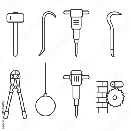 Demolition Tools Icons. Line style icons of demolition tools: sledgehammer, crowbar, jackhammer, pry bar, bolt cutters, wrecking