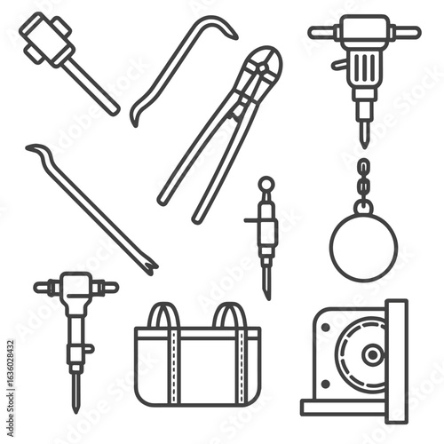 Demolition Tools Icons. Line style icons of demolition tools: sledgehammer, crowbar, jackhammer, pry bar, bolt cutters, wrecking