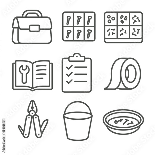 Repair Tools Icons. Line style icons of general repair tools: tool bag, screw organizer, fastener bin, repair manual, maintenance