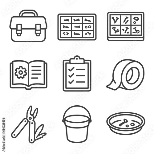 Repair Tools Icons. Line style icons of general repair tools: tool bag, screw organizer, fastener bin, repair manual, maintenance