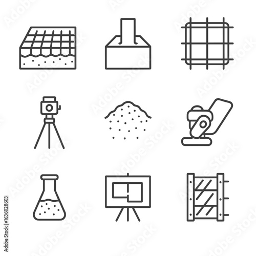 Foundation Preparation Icons. Line style icons of foundation preparation: grid-marked ground, concrete footing mold, rebar cage,