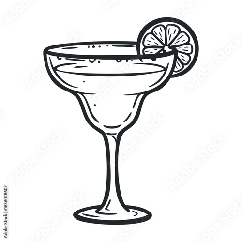 Margarita glass with lime slice - classic cocktail outline sketch. Vector illustration
