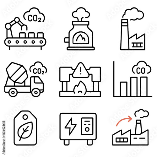 CO2 Emissions Icons. Line style icons of CO2 emissions in manufacturing: assembly line with gas cloud, industrial furnace with CO2