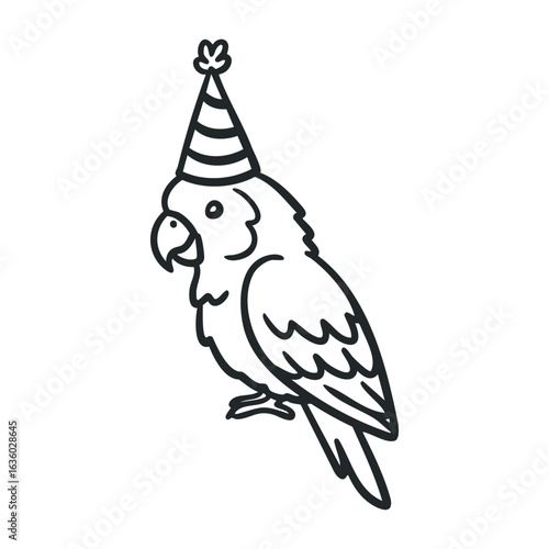 Festive parrot wearing party hat line art drawing. Vector illustration