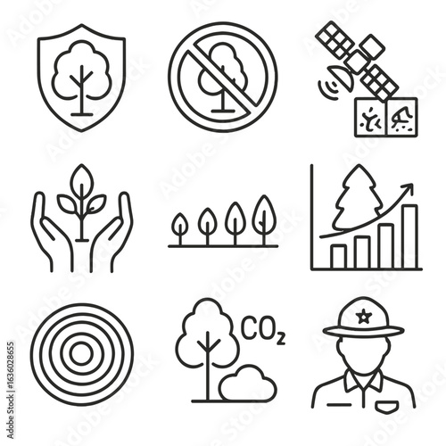 Forest Conservation Icons. Line style icons of forest conservation and CO2: protected tree area, no-logging sign, satellite image