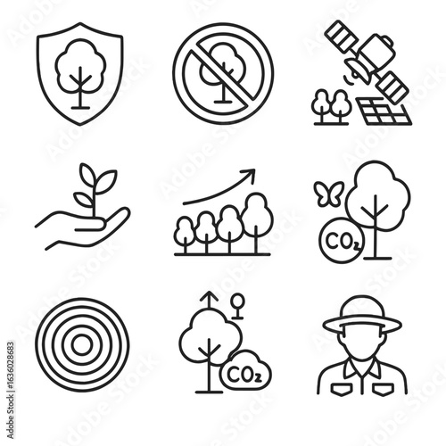 Forest Conservation Icons. Line style icons of forest conservation and CO2: protected tree area, no-logging sign, satellite image