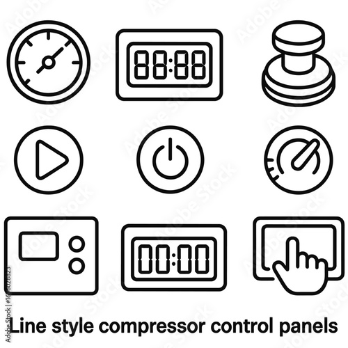 Compressor Control Panel Icons. Line style icons of compressor control panels: analog dial gauge, LED display screen, power switch